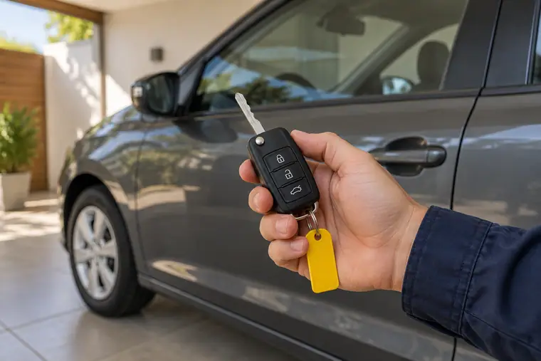 Mão de chaveiro de uniforme segurando uma chave canivete ao lado da porta de um carro cinza
