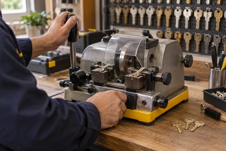 Máquina de copiar chaves sobre uma bancada, com um painel de chaves virgens ao fundo